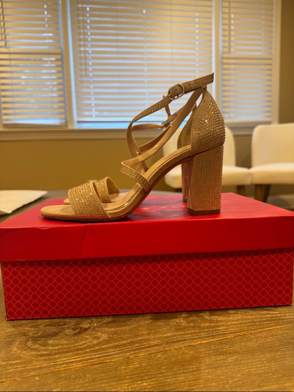 Kelly & Katie Nude/Tan Rhinestone Block Heel Sandals